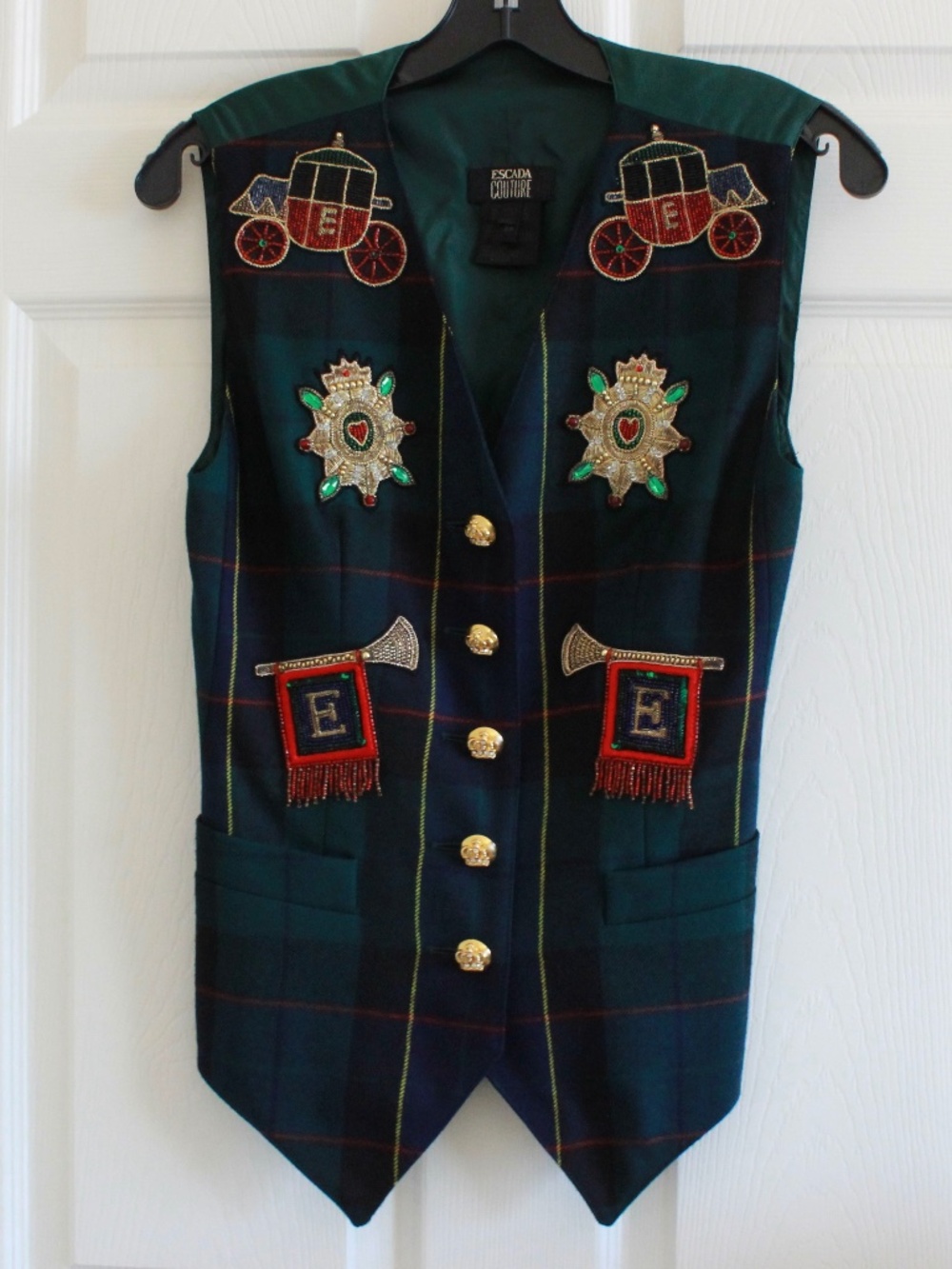 Escada Couture Vintage 1980s Wool Tartan Waistcoat Vest Embellished Beaded